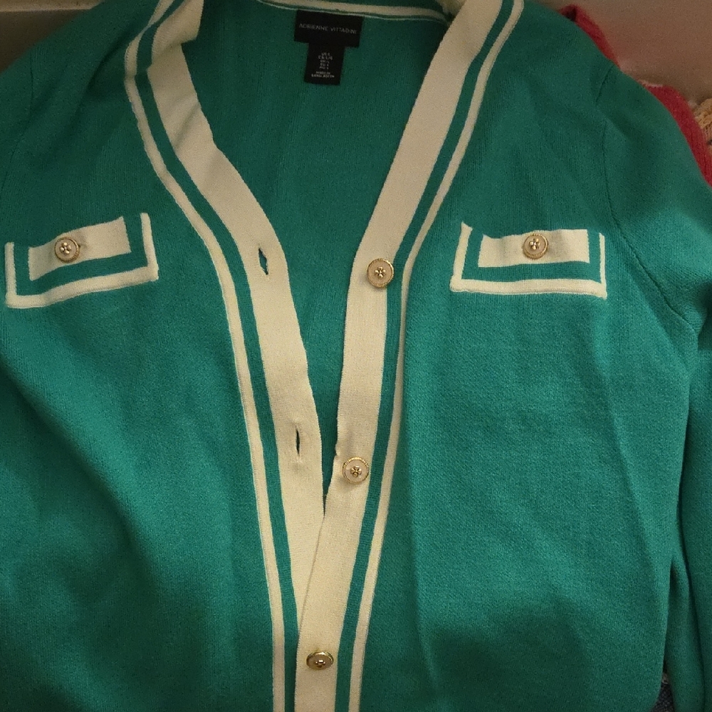 Adrienne Vittadini Turquoise Cardigan with White Trim